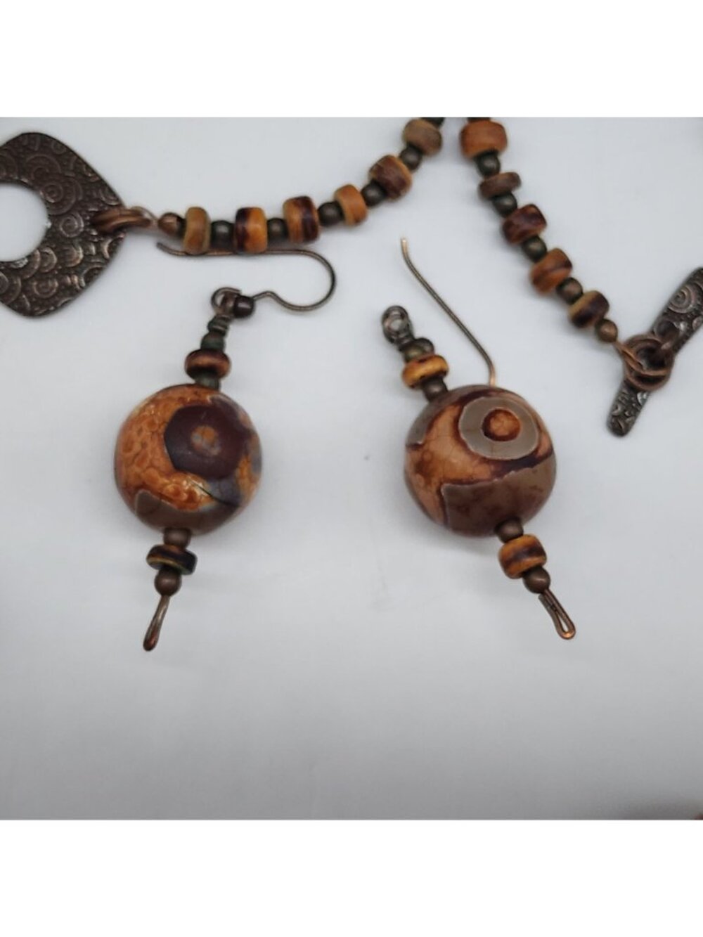Bohemian Dzi Agate Necklace & Earring Set With Unique Patterned Spheres - Picture 8 of 11